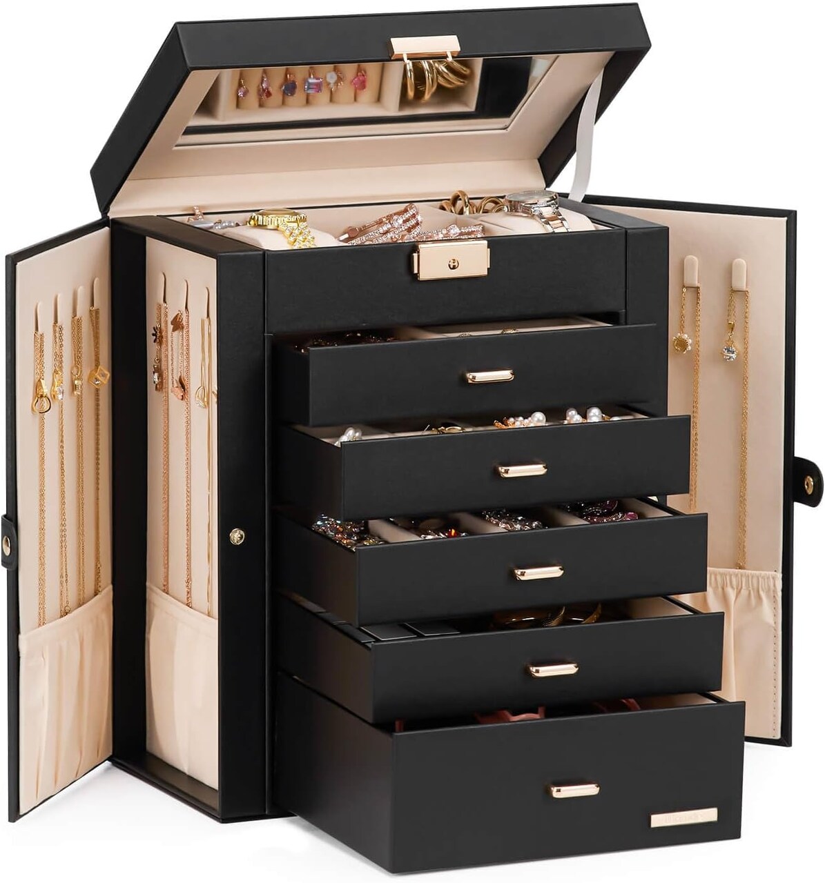 Jewelry Box Large for Women: 6 Layers 5 Drawers Organizer with Mirror for Ring Earring Necklace - Storage Holder with Lock for Dresser (Black)